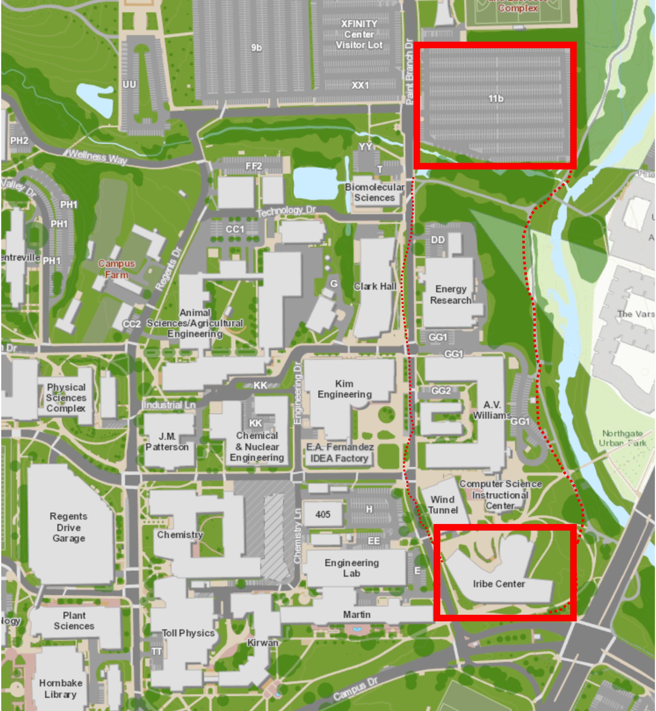 map of UMD campus showing the connection between Parking lot 11b on the north side of campus and two trails on either side connecting to the Iribe Center on the south side (Campus Drive)